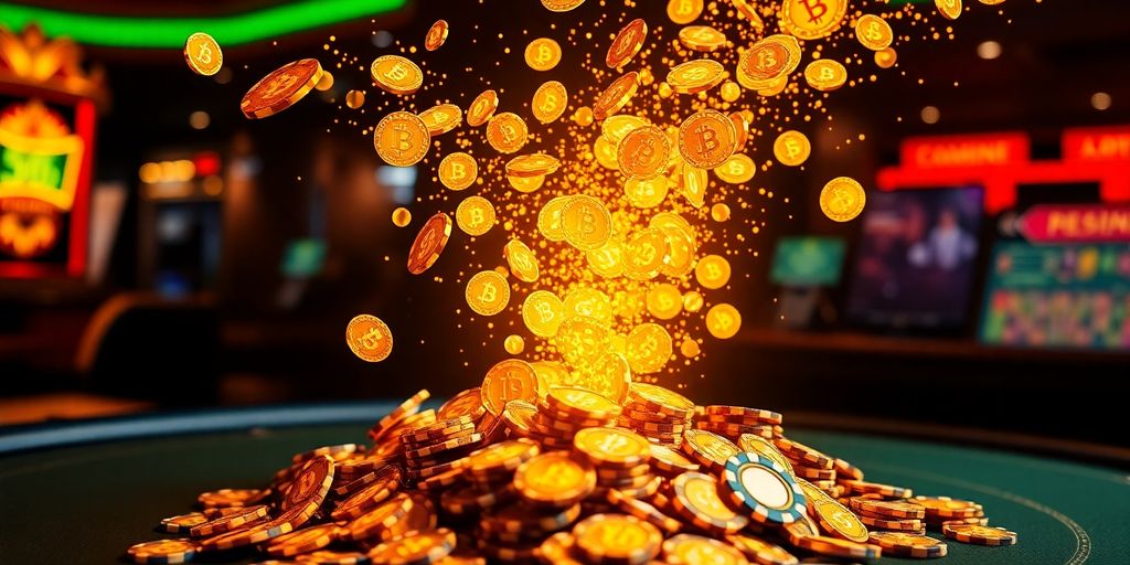Glowing cryptocurrency coins flowing into a casino chip.