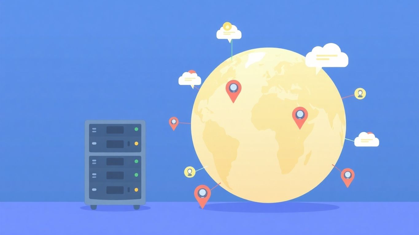 Illustrasjon av servere og globus med myke farger.