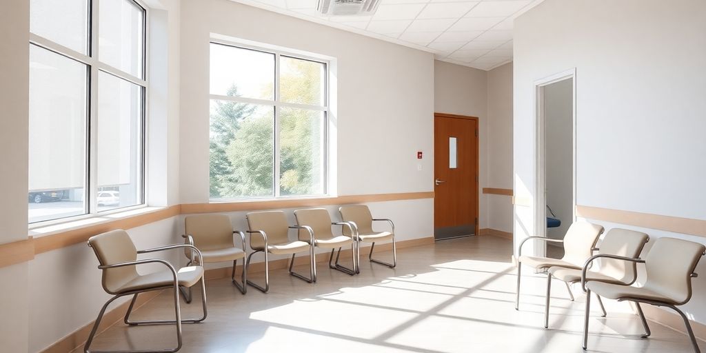 Empty clinic waiting room, bright and clean.