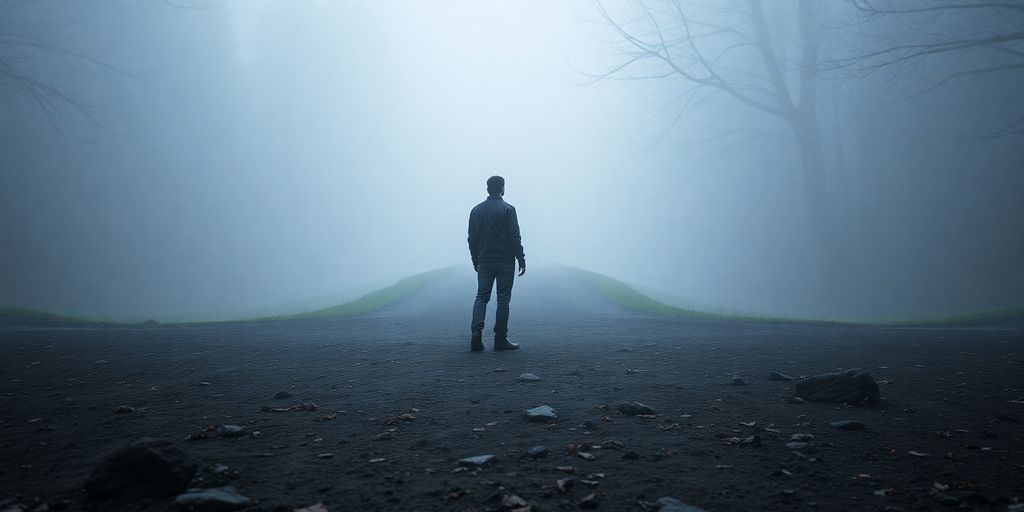 Person at a misty crossroads
