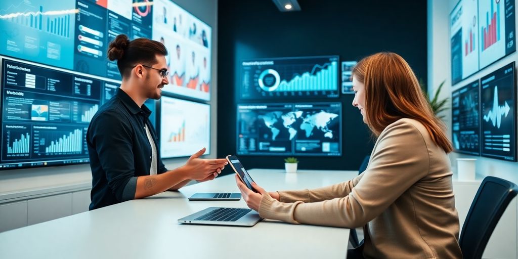 Profissional de marketing digital em ambiente moderno.