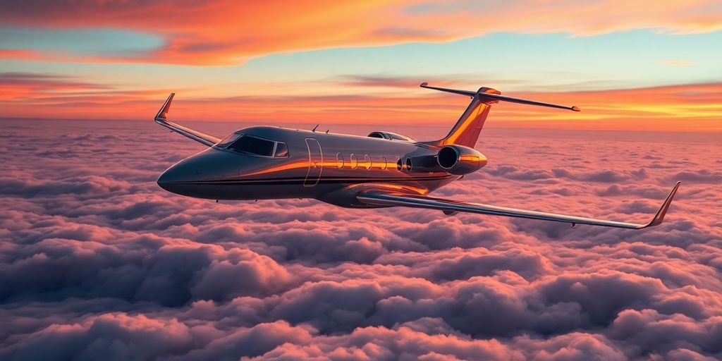 Sleek private jet flying over clouds at sunset.