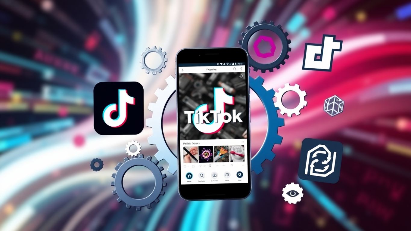 Collage of TikTok logos and automation tools on smartphone.