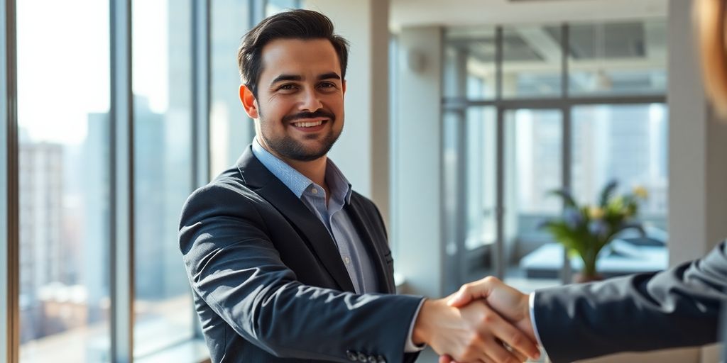 Broker smiling, handshake, cityscape.