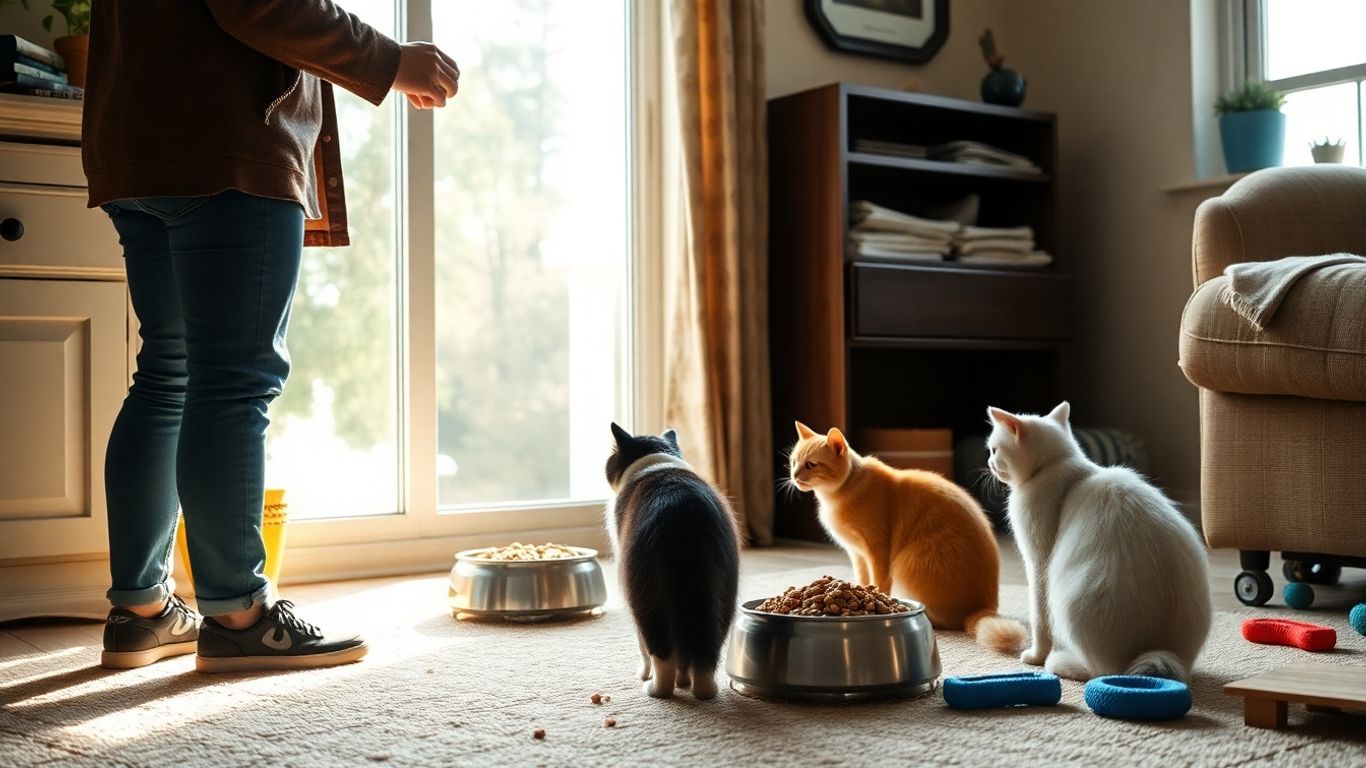 Two cats waiting by food bowls for feeding