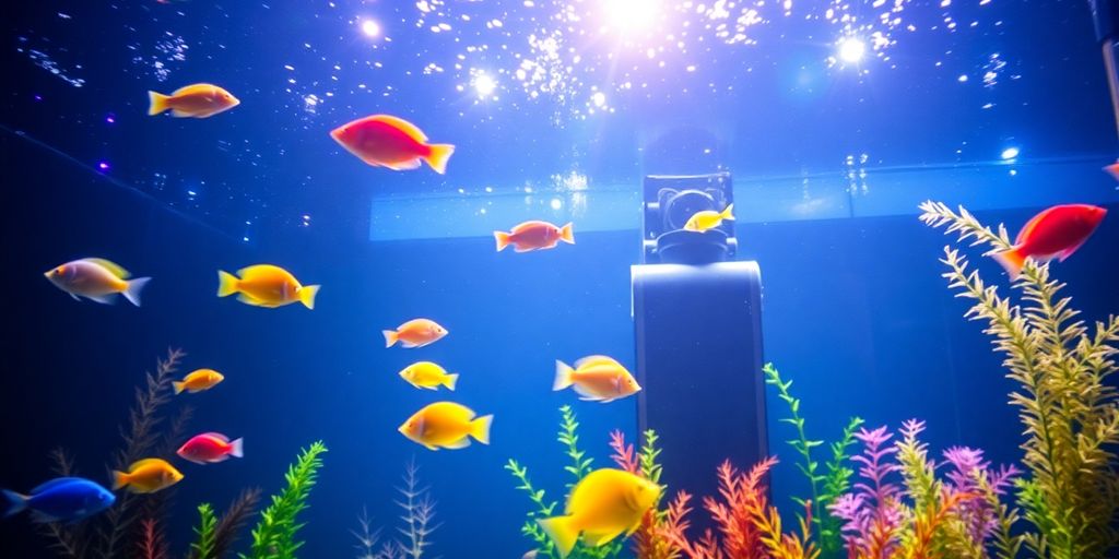 Colorful freshwater aquarium lights illuminating fish and plants.