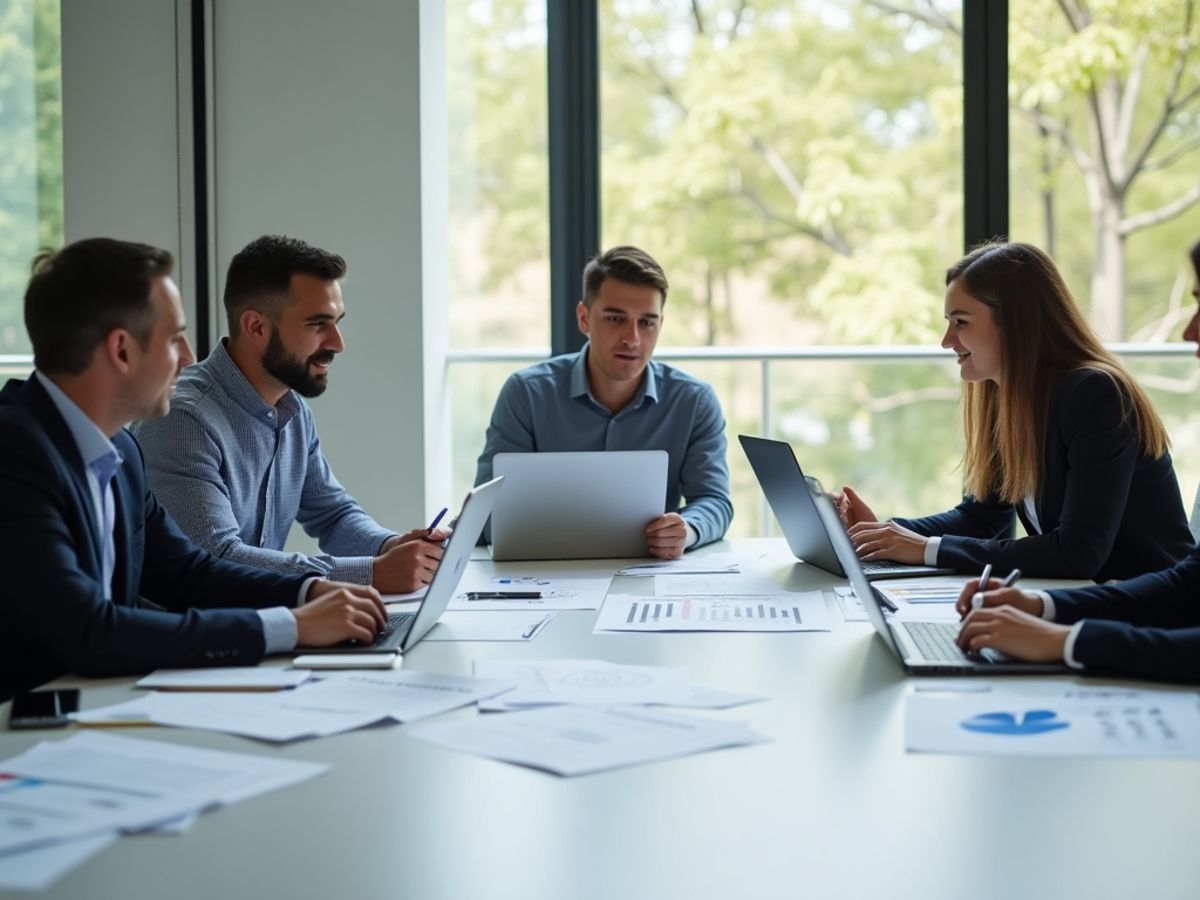 Birou modern cu contabili discutând despre rapoarte financiare.