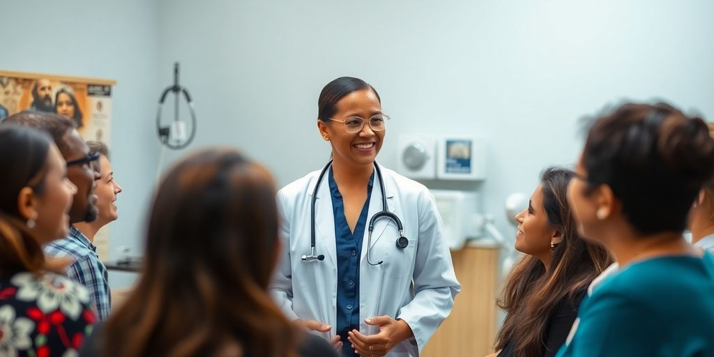 Healthcare professional communicating with diverse patients in clinic.