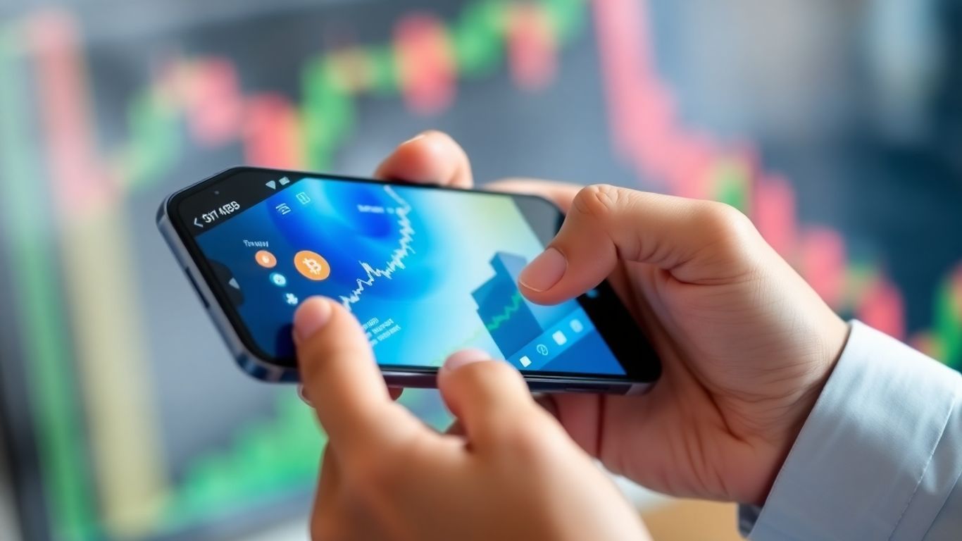 Hands holding smartphone with crypto trading interface.