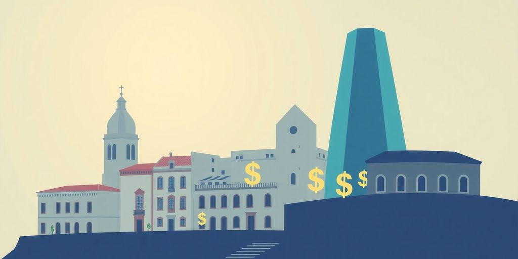 Portuguese buildings with financial icons.