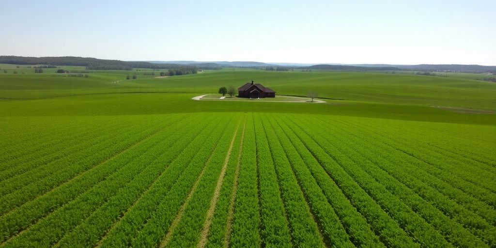 Green Arkansas farmland with a farmhouse under a clear sky.