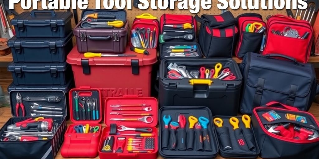 Colorful portable tool storage solutions on a workbench.