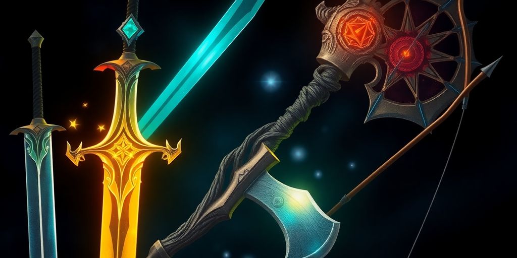 Fantasy RPG weapons arsenal, magical glow.