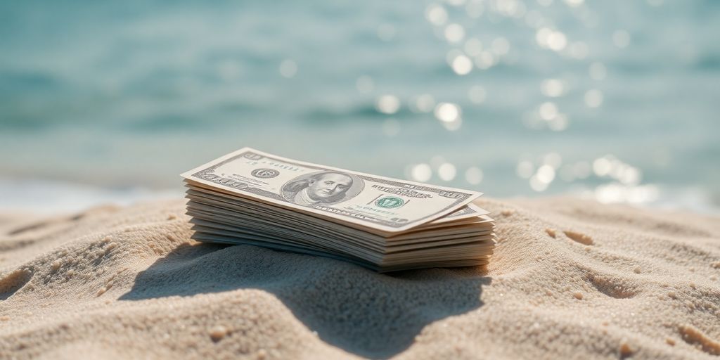 Stack of US dollars on beach.