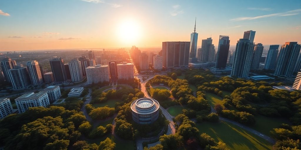 Green city skyline, sun