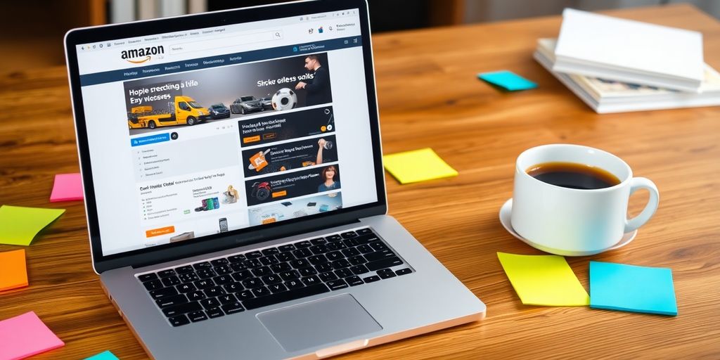 Laptop with Amazon page and coffee on desk.
