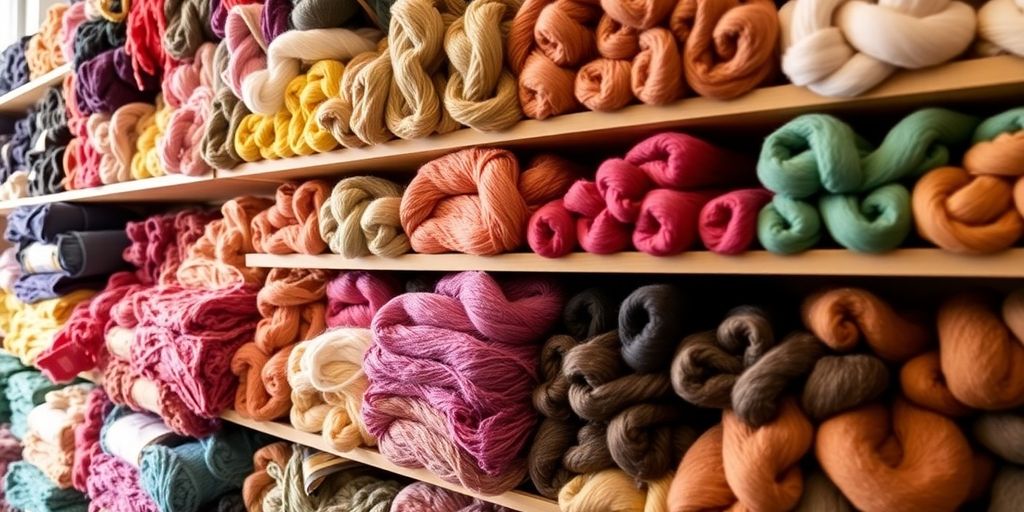 Colorful yarns arranged neatly on shelves in a cozy shop.