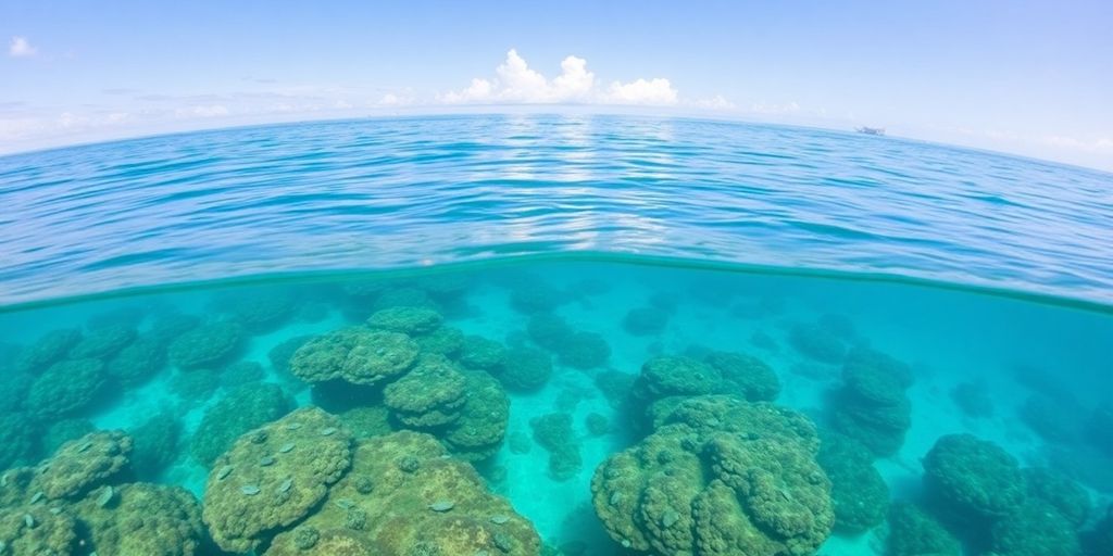 Crystal clear turquoise water with vibrant coral reefs.