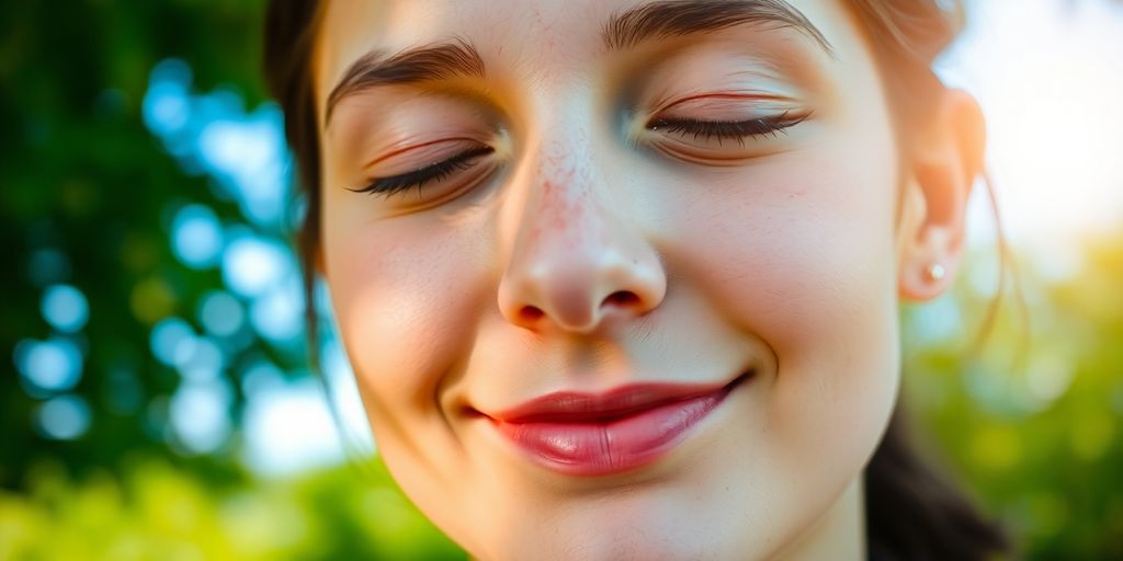 Person smiling, enjoying nature, feeling peaceful.