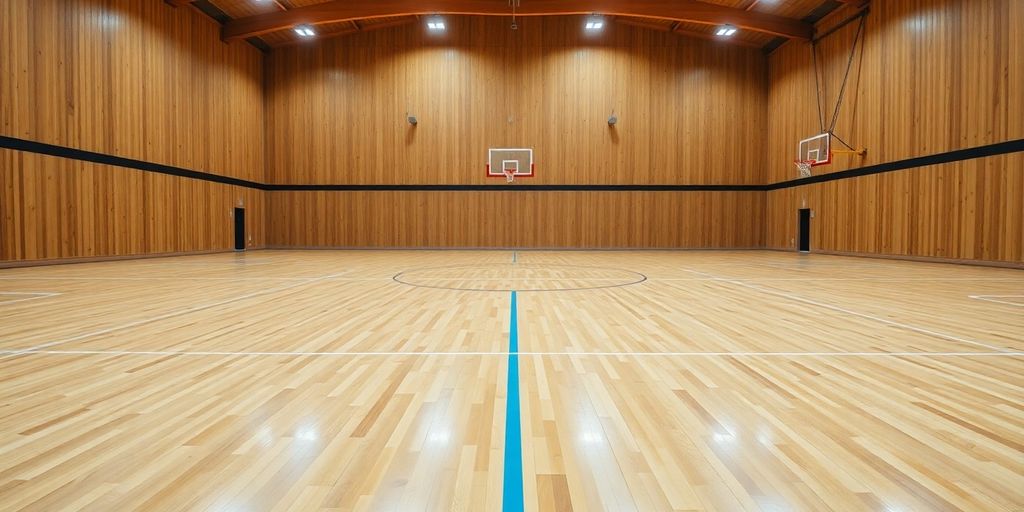 Brightly lit indoor sports court with vibrant markings
