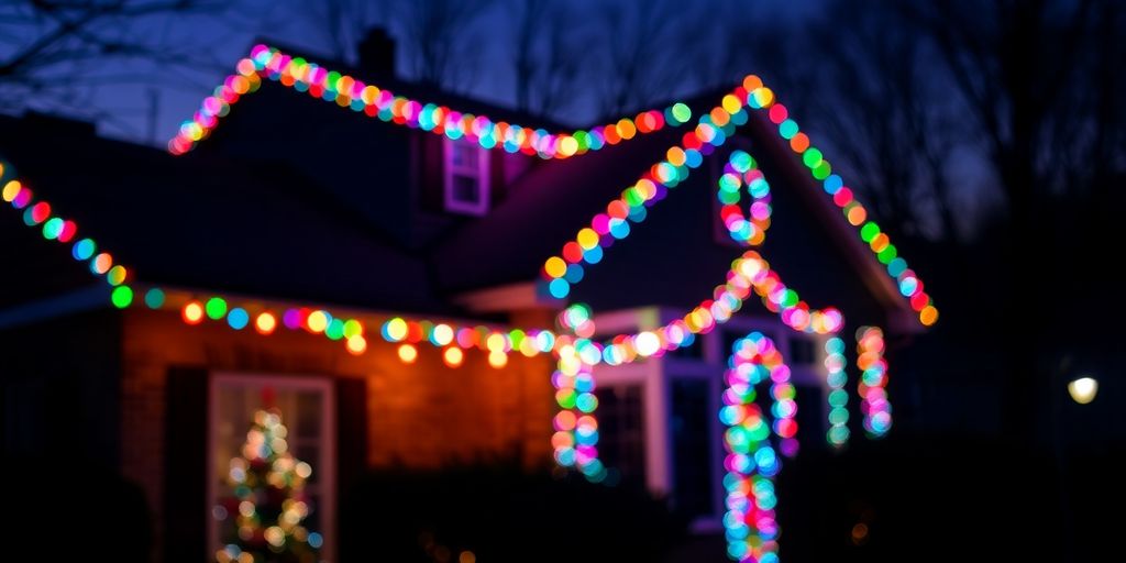 Decorated home, glowing Christmas lights, winter evening.