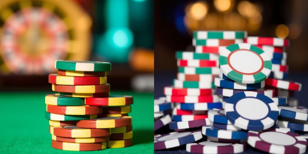 Two distinct piles of casino chips.