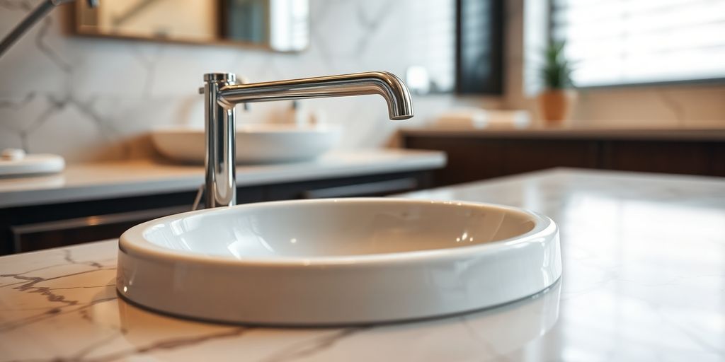 Elegant marble countertop basin with faucet.