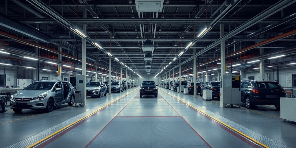 Usine Stellantis vide avec lumières éteintes