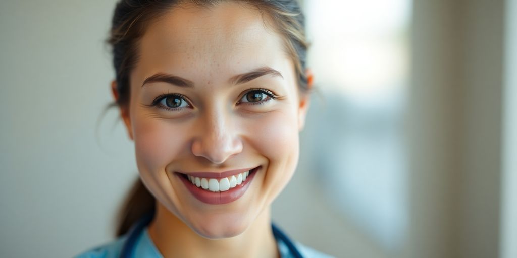 Smiling healthcare professional in a natural, bright setting.