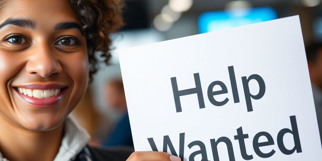 Person smiling, holding help wanted sign