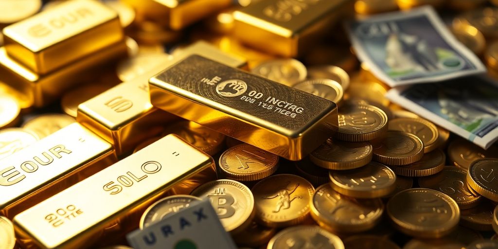 Lingots d'or et pièces d'or sur un fond de billets euro et dollar.
