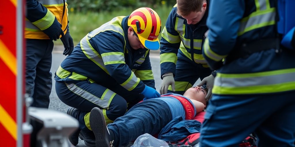 Paramedics tending to spinal cord injury patient.