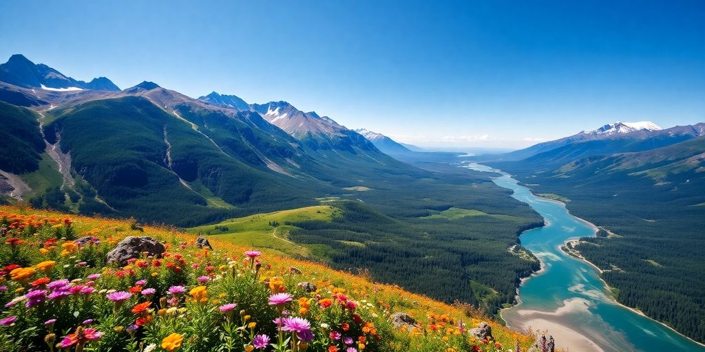 Aerial view of Alaska's mountains and forests.