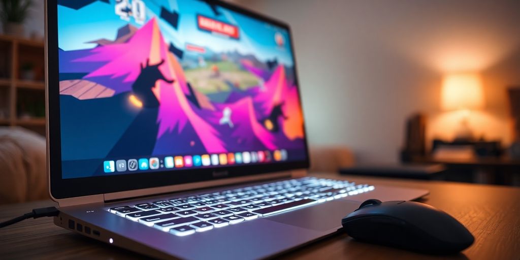 Nahaufnahme eines modernen Mac-Computers mit leuchtendem Bildschirm.