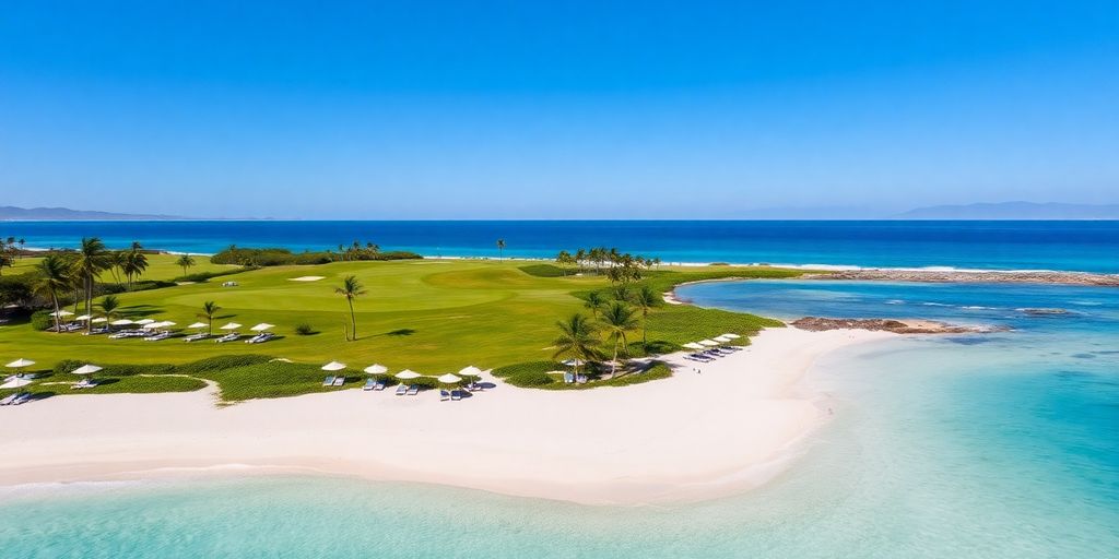 Luxurious resort beach with golf course and ocean view.