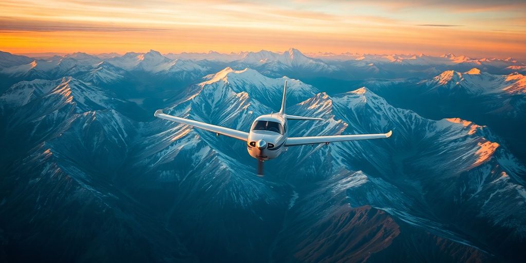 A small plane flying over Alaskan mountains during sunset.