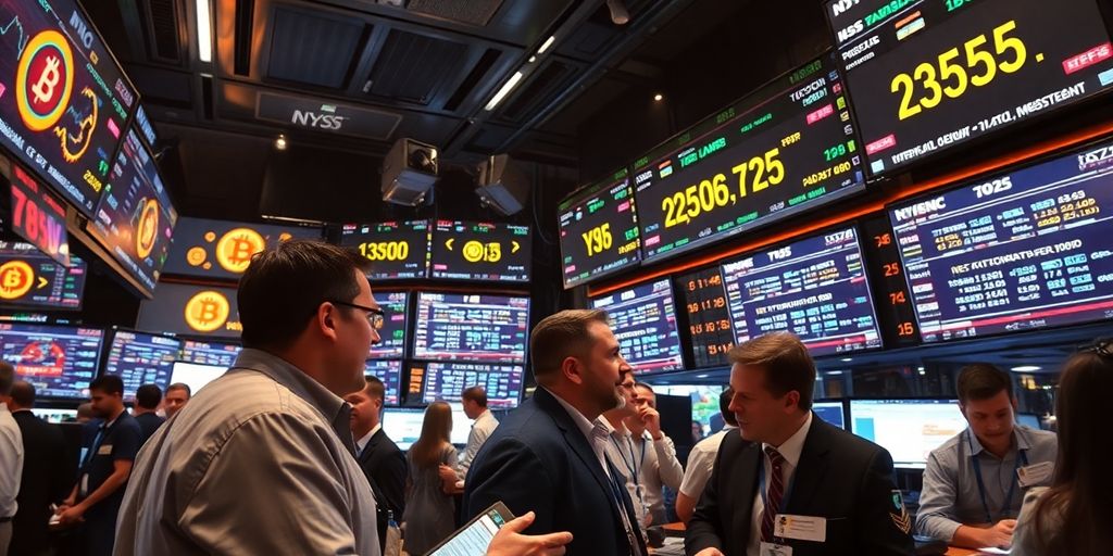Traders discussing cryptocurrencies in a busy trading environment.