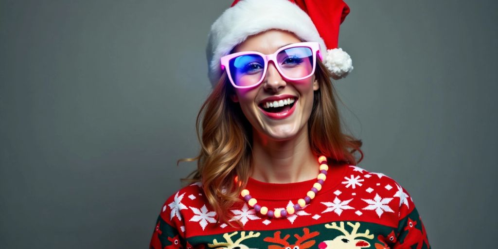 Person in Christmas jumper with festive accessories
