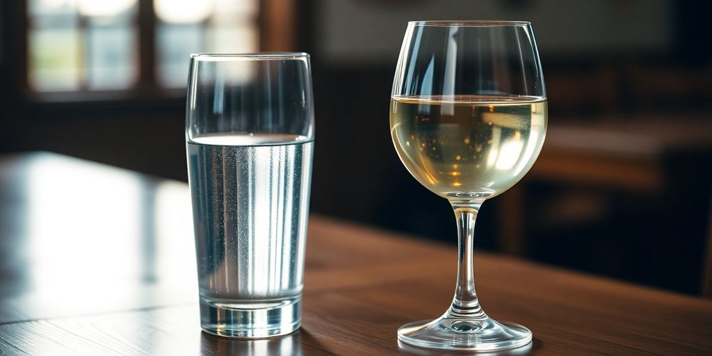 Glass of water next to a wine glass on table.