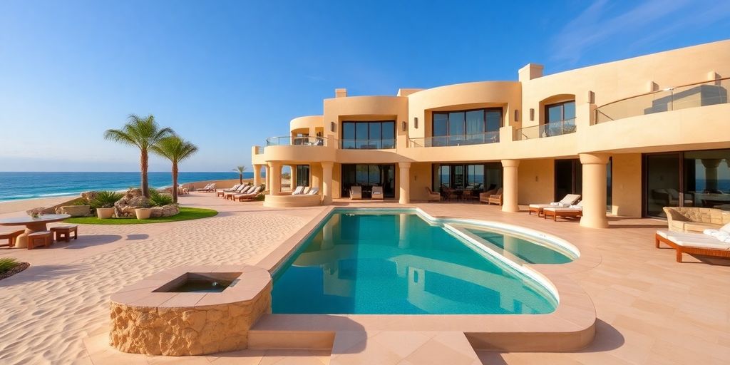 Luxury villas on a beach with ocean views.