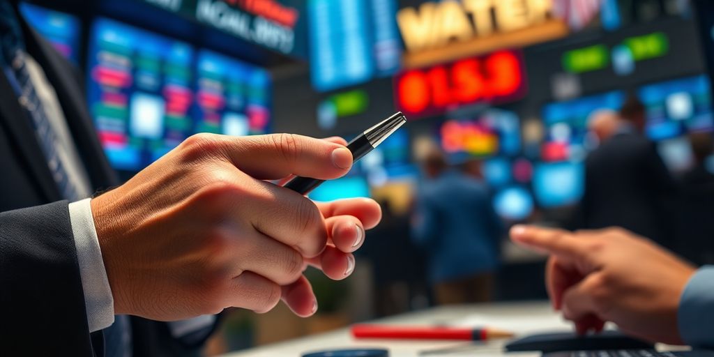 Trader's hands working on options trading tools.