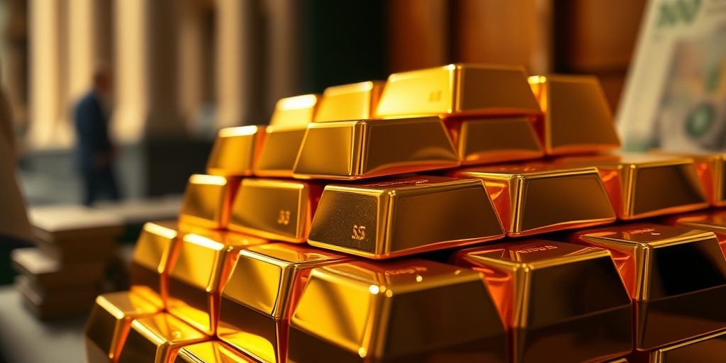 Barres d'or brillantes sur fond économique flou.