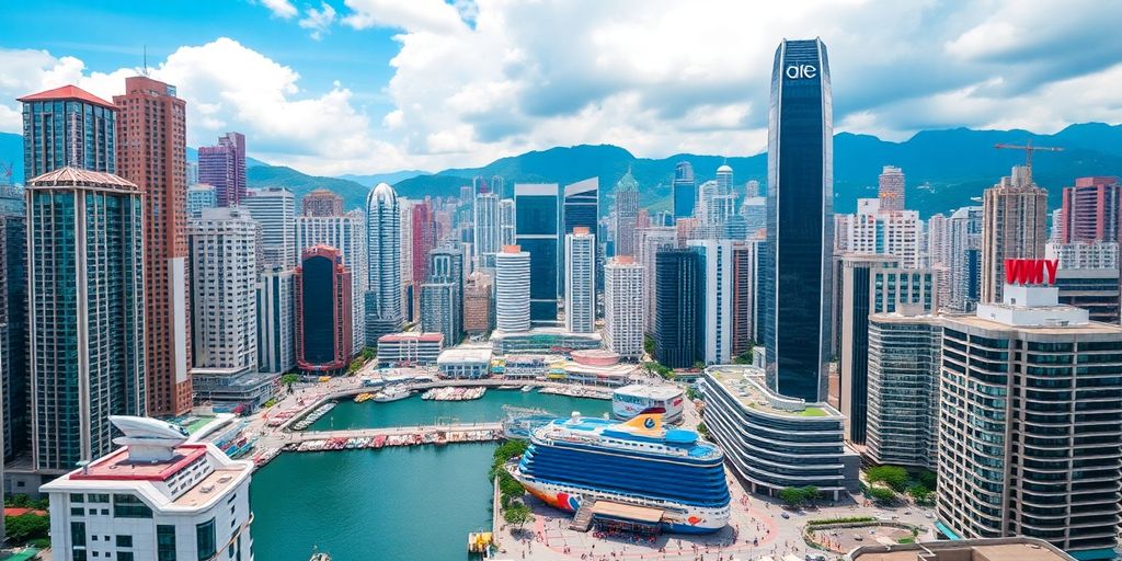 Vibrant Hong Kong cityscape with skyscrapers and harbor.