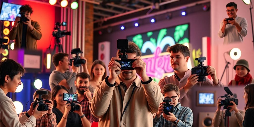 Diverse creators filming videos with cameras and smartphones.