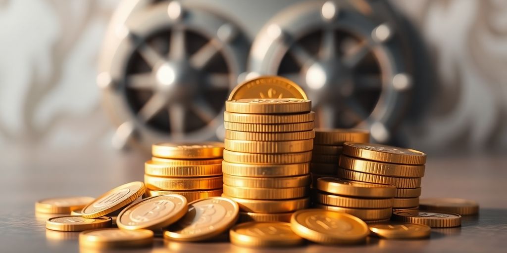 Retraités avec des pièces d'or et une banque sécurisée.