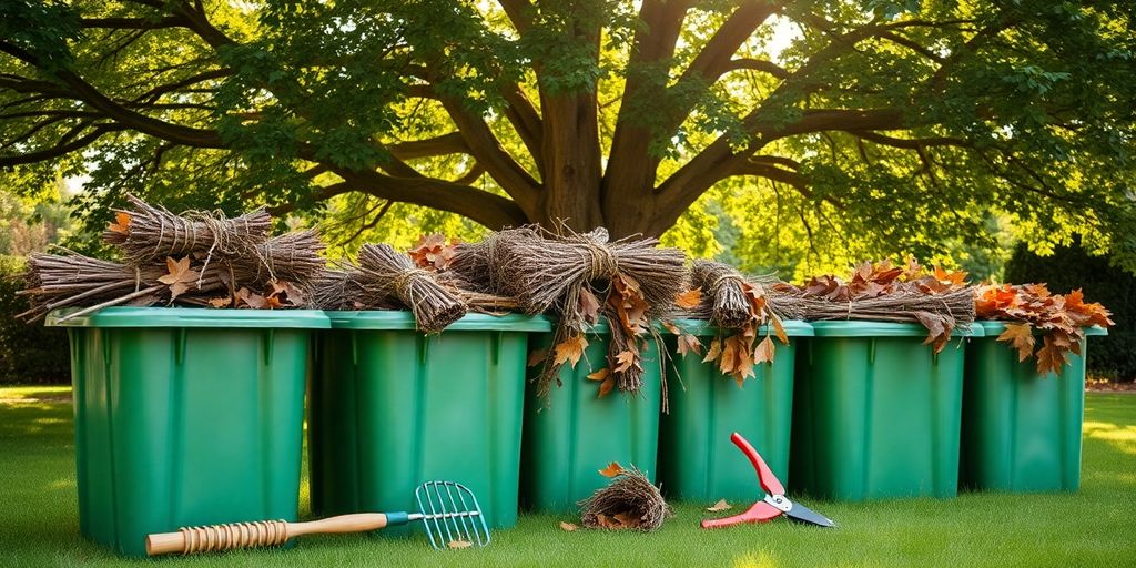 Green waste bins, garden tools, and lush foliage.