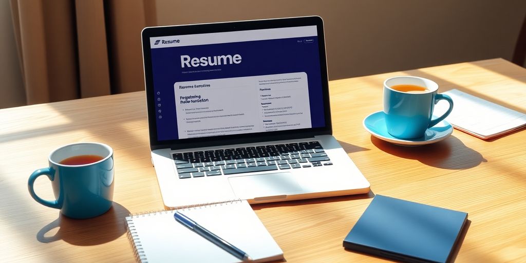 Professional workspace with laptop and resume template.