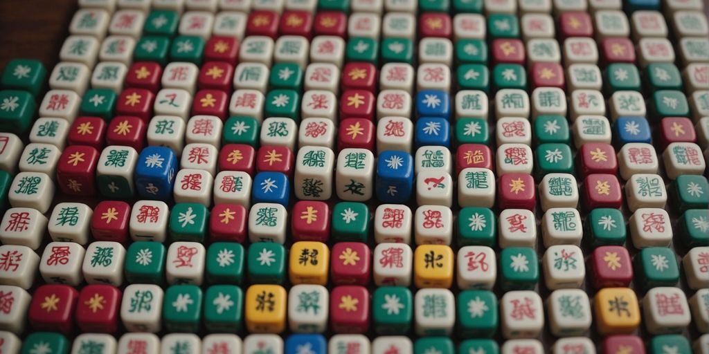 Mahjong tiles with various symbols neatly arranged in rows.