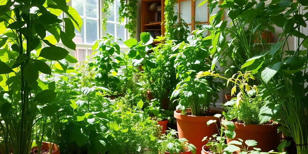 Lush indoor garden with vibrant vegetables and herbs.