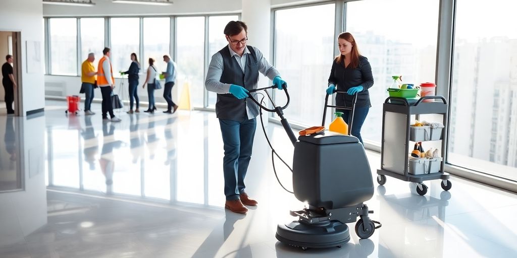 Clean office, safety equipment, professional cleaners.